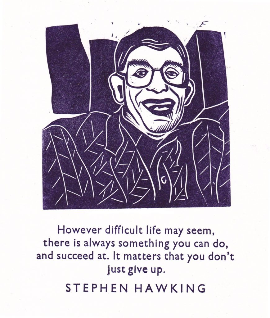 Stephen Hawking linocut with letterpress